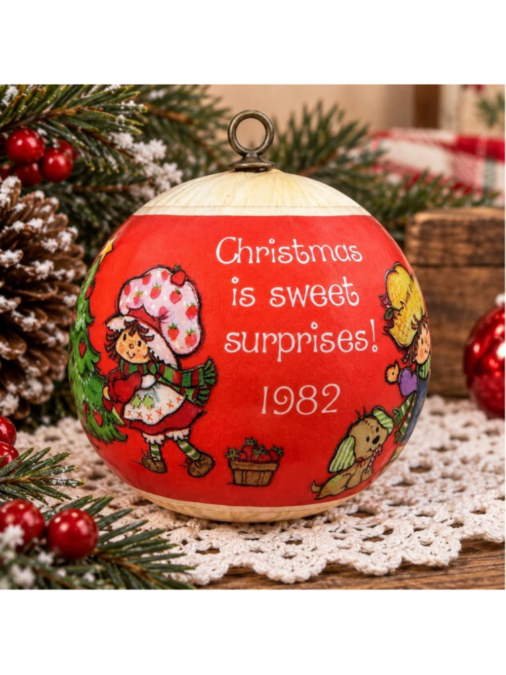 Vintage 1982 Strawberry Shortcake Christmas Is Sweet Surprises Satin Ornament